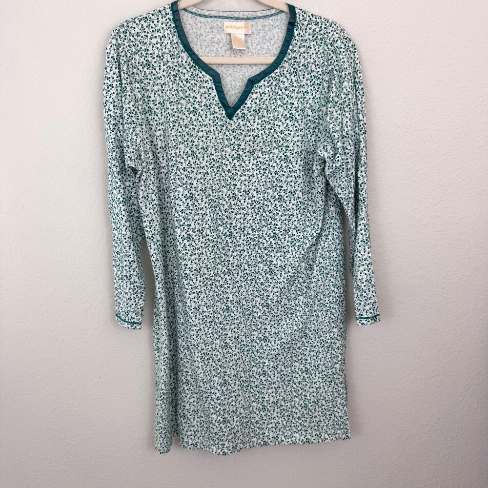 VTG Whispers Womens Night Sleep Shirt Size L Floral Ribbon Modest Cottage Green